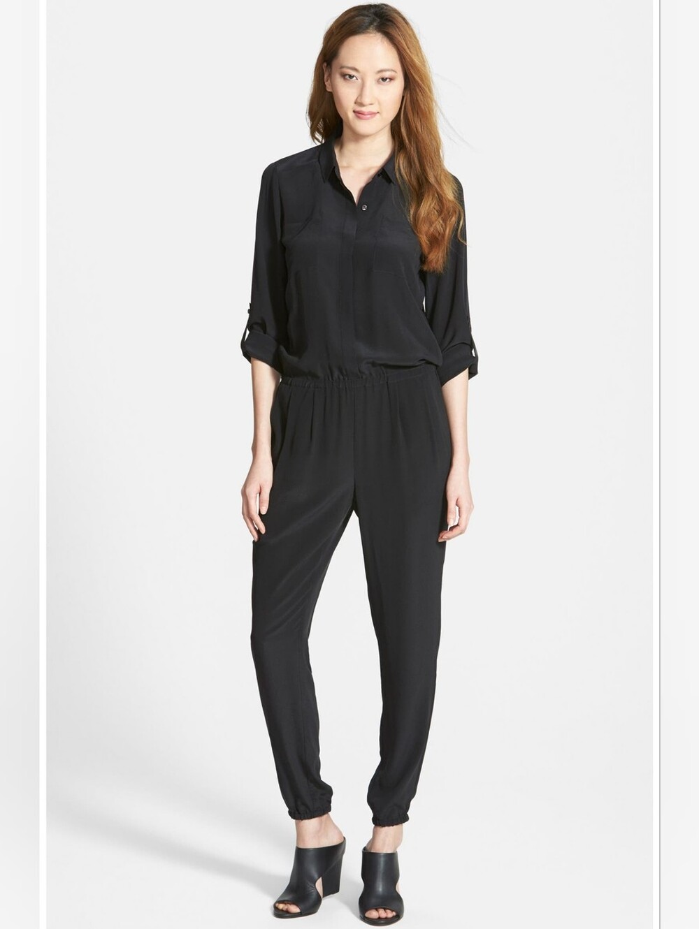 Eileen Fisher The Fisher Project Black Silk Crepe Button Up Jumpsuit Medium